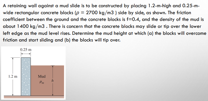 A retaining wall against a mud slide is to be constructed by placing 1.2-m-high and 0.25-m-
wide rectangular concrete blocks (p = 2700 kg/m3 ) side by side, as shown. The friction
coefficient between the ground and the concrete blocks is f=0.4, and the density of the mud is
about 1400 kg/m3. There is concern that the concrete blocks may slide or tip over the lower
left edge as the mud level rises. Determine the mud height at which (a) the blocks will overcome
friction and start sliding and (b) the blocks will tip over.
0.25 m
1.2 m
Mud
h
Pm
