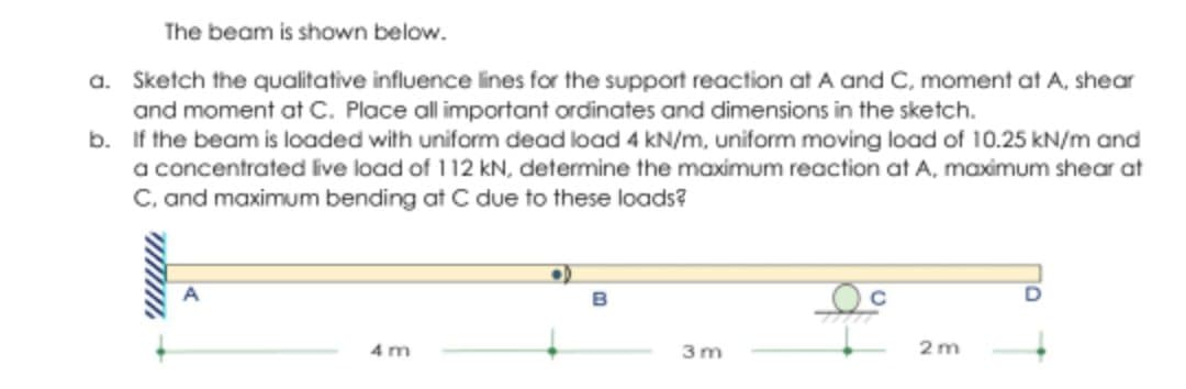 The beam is shown below.
a. Sketch the qualitative influence lines for the support reaction at A and C, moment at A, shear
and moment at C. Place all important ordinates and dimensions in the sketch.
b. If the beam is loaded with uniform dead load 4 kN/m, uniform moving load of 10.25 kN/m and
a concentrated live load of 112 kN, determine the maximum reaction at A, maximum shear at
C, and maximum bending at C due to these loads?
www.
4m
3m
2m