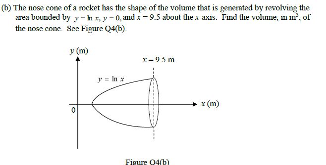 (b) The nose cone of a rocket has the shape of the volume that is generated by revolving the
area bounded by y = In x, y = 0, and x= 9.5 about the x-axis. Find the volume, in m², of
the nose cone. See Figure Q4(b).
у (m)
x= 9.5 m
y = In x
x (m)
Figure 04(b)
