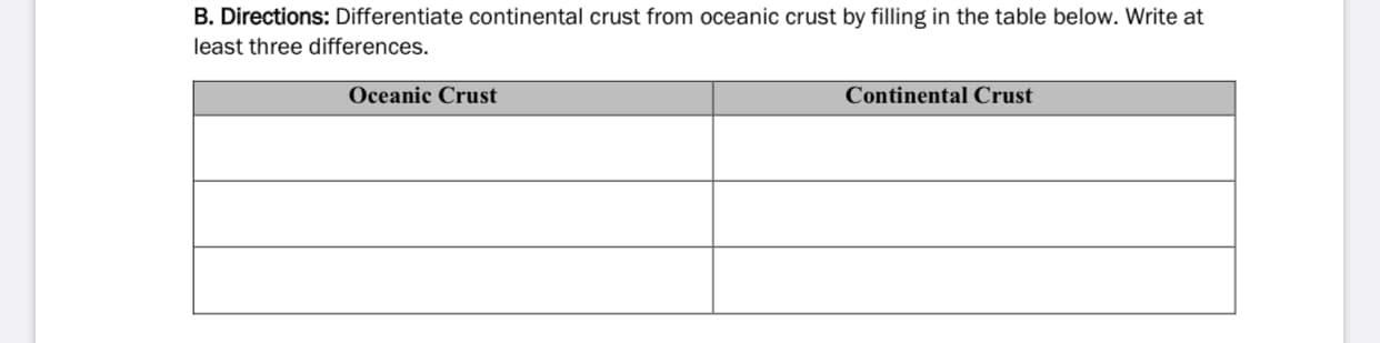 B. Directions: Differentiate continental crust from oceanic crust by filling in the table below. Write at
least three differences.
Oceanic Crust
Continental Crust
