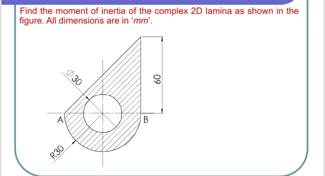 Find the moment of inertia of the complex 2D lamina as shown in the
figure. All dimensions are in 'mm'.
A
R30
09
Ø30
