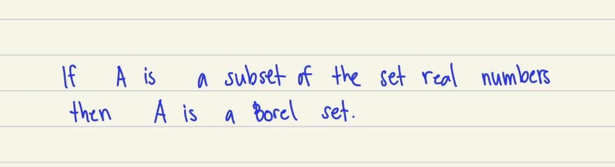 If
A is
a subset of the set real numbers
then
A is
a Borel set.
