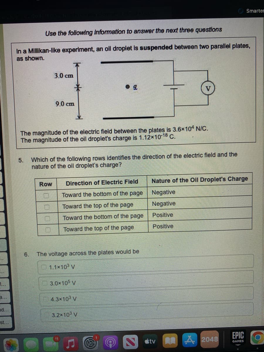 **
---
L...
a...
nd....
st...
Use the following information to answer the next three questions
In a Millikan-like experiment, an oil droplet is suspended between two parallel plates,
as shown.
5.
6.
The magnitude of the electric field between the plates is 3.6×104 N/C.
The magnitude of the oil droplet's charge is 1.12×10-18 C.
3.0 cm
Row
9.0 cm
0
Which of the following rows identifies the direction of the electric field and the
nature of the oil droplet's charge?
Direction of Electric Field
Toward the bottom of the page
Toward the top of the page
Toward the bottom of the page
Toward the top of the page
9
The voltage across the plates would be
1.1×10³ V
3.0×105 V
4.3×10³ V
3.2×10³ V
(om
Nature of the Oil Droplet's Charge
Negative
Negative
Positive
Positive
atv
Smarter
2048
EPIC
GAMES