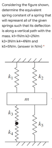 Considering the figure shown,
determine the equivalent
spring constant of a spring that
will represent all of the given
springs such that its deflection
is along a vertical path with the
mass. k1=1N/m k2=2N/m
k3=3N/m k4=4N/m and
k5=5N/m. (answer in N/m) *
k2
m
kg
k4
