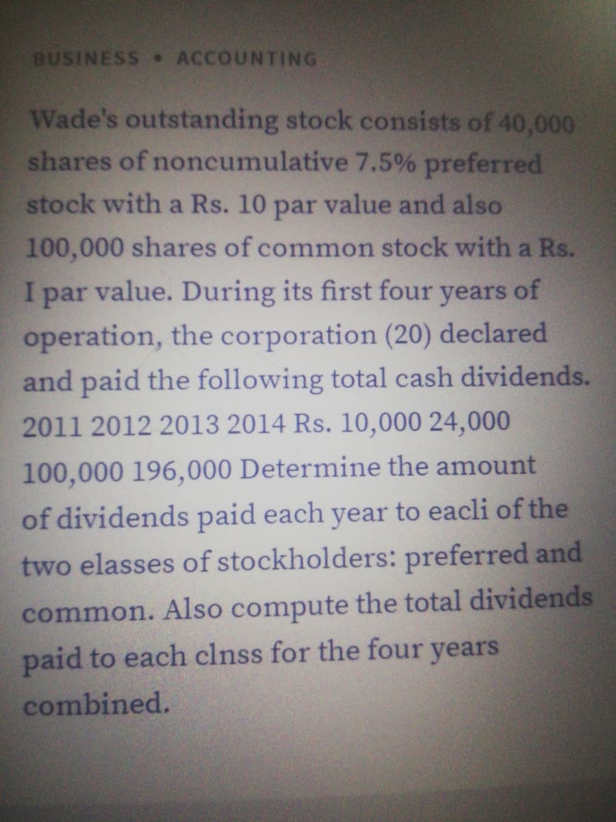 BUSINESS ACCOUNTING
Wade's outstanding stock consists of 40,000
shares of noncumulative 7.5% preferred
stock with a Rs. 10 par value and also
100,000 shares of common stock with a Rs.
I par value. During its first four years of
operation, the corporation (20) declared
and paid the following total cash dividends.
2011 2012 2013 2014 Rs. 10,000 24,000
100,000 196,000 Determine the amount
of dividends paid each year to eacli of the
two elasses of stockholders: preferred and
common. Also compute the total dividends
paid to each clnss for the four
years
combined.
