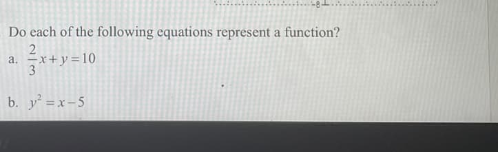 Do each of the following equations represent a function?
a. =x+y=10
3
b. y =x-5
