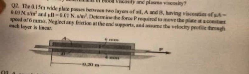 Blood viscosity and plasma viscosity?
Q2. The 0.15m wide plate passes between two layers of oil, A and B, having viscosities of pA=
0.03 N. s/m² and uB-0.01 N. s/m². Determine the force P required to move the plate at a constant
speed of 6 mm/s. Neglect any friction at the end supports, and assume the velocity profile through
each layer is linear.
-0.20 m
03