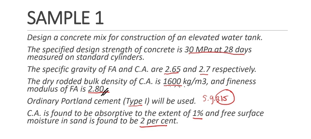 SAMPLE 1
Design a concrete mix for construction of an elevated water tank.
The specified design strength of concrete is 30 MPa at 28 days
measured on standard cylinders.
The specific gravity of FA and C.A. are 2.65 and 2.7 respectively.
The dry rodded bulk density of C.A. is 1600 kg/m3, and fineness
modulus of FA is 2.80
Ordinary Portland cement (Type I) will be used. 5.9.&15
C.A. is found to be absorptive to the extent of 1% and free surface
moisture in sand is found to be 2 per cent.
