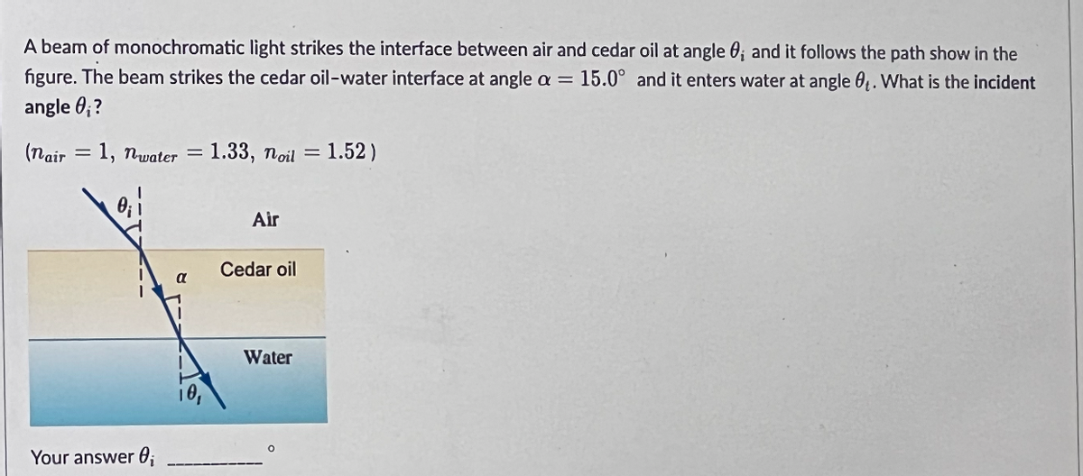 A beam of monochromatic light strikes the interface between air and cedar oil at angle 0; and it follows the path show in the
figure. The beam strikes the cedar oil-water interface at angle a = 15.0° and it enters water at angle 0₁. What is the incident
angle 0₁ ?
(nair = 1, n-water
Your answer 0₁
=
a
1
1.33, noil = 1.52)
Air
Cedar oil
Water