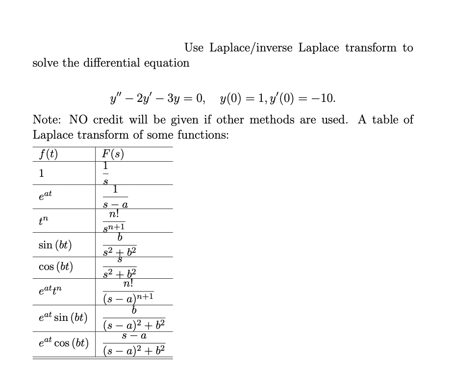Use Laplace/inverse Laplace transform to
solve the differential equation
y" – 2y – 3y = 0, y(0) = 1, y'(0) = -10.
Note: NO credit will be given if other methods are used. A table of
Laplace transform of some functions:
f(t)
F(s)
I.
1
eat
s - a
n!
sn+1
sin (bt)
62
s2 + b?
s2
cos (bt)
eatin
(8 – a)n*1
-
eat sin (bt)
(8 – a)² + 6²
-
eat
cos (bt)
S - a
(s – a)² + b²
-
