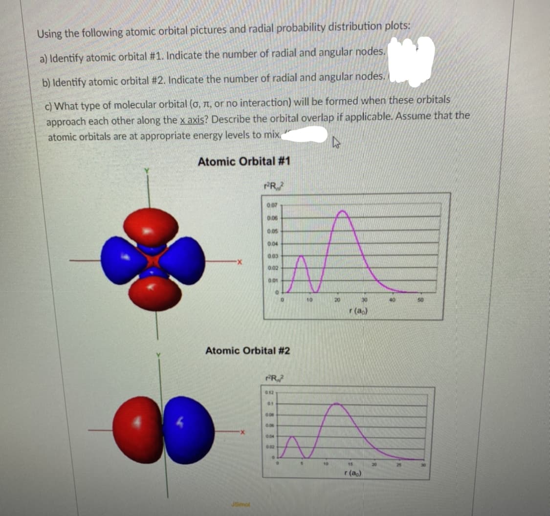 Using the following atomic orbital pictures and radial probability distribution plots:
a) Identify atomic orbital #1. Indicate the number of radial and angular nodes.
b) Identify atomic orbital #2. Indicate the number of radial and angular nodes.
c) What type of molecular orbital (o, T, or no interaction) will be formed when these orbitals
approach each other along the x axis? Describe the orbital overlap if applicable. Assume that the
atomic orbitals are at appropriate energy levels to mix
Atomic Orbital #1
PR
007
0.06
05
004
03
0.02
0.01
10
20
30
r (ao)
Atomic Orbital #2
R
012
0.06
04
02
10
15
20
25
r (ao)
JSmol
