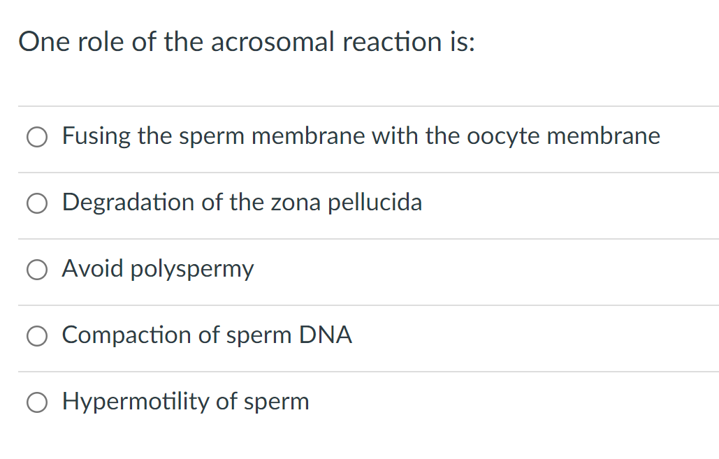 One role of the acrosomal reaction is:
O Fusing the sperm membrane with the oocyte membrane
O Degradation of the zona pellucida
O Avoid polyspermy
O Compaction of sperm DNA
O Hypermotility of sperm
