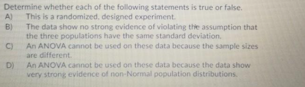 Determine whether each of the following statements is true or false.
A)
This is a randomized, designed experiment.
The data show no strong evidence of violating the assumption that
the three populations have the same standard deviation.
An ANOVA cannot be used on these data because the sample sizes
B)
C)
are different.
D)
An ANOVA cannot be used on these data because the data show
very strong evidence of non-Normal population distributions.
