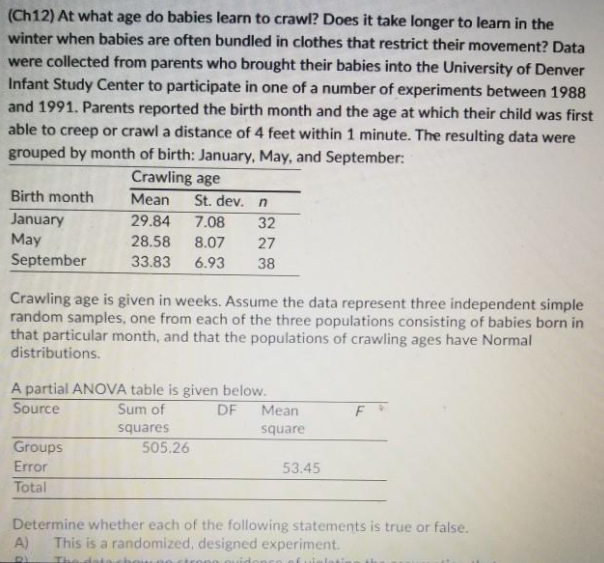 (Ch12) At what age do babies learn to crawl? Does it take longer to learn in the
winter when babies are often bundled in clothes that restrict their movement? Data
were collected from parents who brought their babies into the University of Denver
Infant Study Center to participate in one of a number of experiments between 1988
and 1991. Parents reported the birth month and the age at which their child was first
able to creep or crawl a distance of 4 feet within 1 minute. The resulting data were
grouped by month of birth: January, May, and September:
Crawling age
Birth month
Mean
St. dev. n
January
29.84
7.08
32
May
September
28.58
8.07
27
33.83
6.93
38
Crawling age is given in weeks. Assume the data represent three independent simple
random samples, one from each of the three populations consisting of babies born in
that particular month, and that the populations of crawling ages have Normal
distributions.
A partial ANOVA table is given below.
DF
Source
Sum of
Mean
squares
505.26
square
Groups
Error
53.45
Total
Determine whether each of the following statements is true or false.
A)
This is a randomized, designed experiment.
The date

