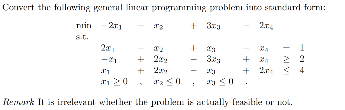 Convert the following general linear programming problem into standard form:
min -2x1
+ 3x3
2х4
X2
s.t.
+
X3
X4
1
2x1
3x3
> 2
- X1
+
2x2
X4
2.x2
+
2.x4 <
X3
-
x1
xi >0
X2 < 0
X3 <0
Remark It is irrelevant whether the problem is actually feasible or not.
