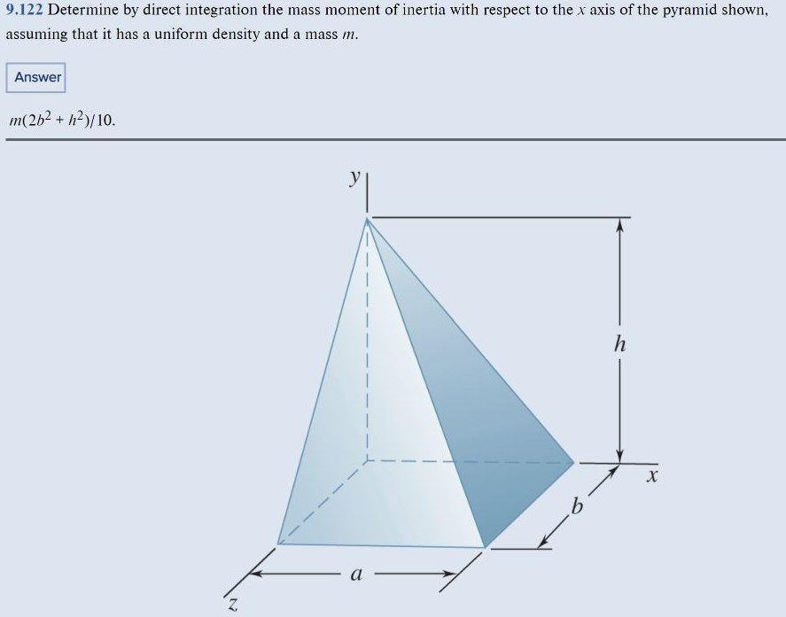 9.122 Determine by direct integration the mass moment of inertia with respect to the x axis of the pyramid shown,
assuming that it has a uniform density and a mass m.
Answer
m(2b2 + h?)/10.
y
h
a
2,
