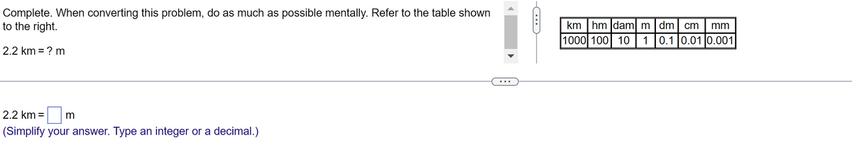 Complete. When converting this problem, do as much as possible mentally. Refer to the table shown
to the right.
2.2 km = ? m
2.2 km = m
(Simplify your answer. Type an integer or a decimal.)
km hm dam m dm cm mm
1 0.1 0.01 0.001
1000 100 10