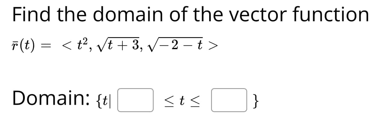 Find the domain of the vector function
r(t) = < t², √t + 3, √√−2 −t >
Domain: {t
<t<
}