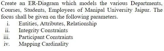 Create an ER-Diagram which models the various Departments,
Courses, Students, Employees of Manipal University Jaipur. The
focus shall be given on the following parameters.
i.
Entities, Attributes, Relationship
Integrity Constraints
ii.
iii.
Participant Constraints
iv.
Mapping Cardinality
