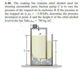 2-10. The soaking bin contains ethyl alcohol used for
cleaning automobile parts. Suction pump C is to vary the
pressure of the trapped air in enclosure B. If the pressure in
the trapped air is Ps = -5.50 kPa, determine the pressure
developed at point A and the height h of the ethyl alcohol
level in the bin. Take poa = 789 kg/m³.
B
2.5 m
0.5 m
