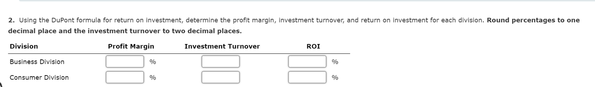 2. Using the DuPont formula for return on investment, determine the profit margin, investment turnover, and return on investment for each division. Round percentages to one
decimal place and the investment turnover to two decimal places.
Division
Profit Margin
Investment Turnover
ROI
Business Division
%
%
Consumer Division
%
%
