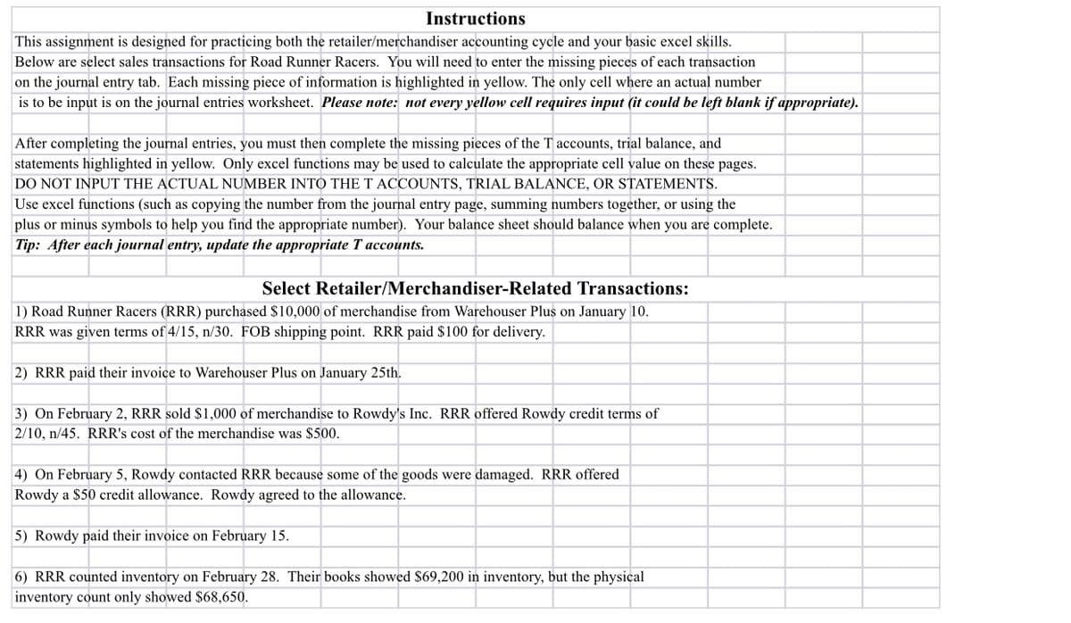 Instructions
This assignment is designed for practicing both the retailer/merchandiser accounting cycle and your basic excel skills.
Below are select sales transactions for Road Runner Racers. You will need to enter the missing pieces of each transaction
on the journal entry tab. Each missing piece of information is highlighted in yellow. The only cell where an actual number
is to be input is on the journal entries worksheet. Please note: not every yellow cell requires input (it could be left blank if appropriate).
After completing the journal entries, you must then complete the missing pieces of the T accounts, trial balance, and
statements highlighted in yellow. Only excel functions may be used to calculate the appropriate cell value on these pages.
DO NOT INPUT THE ACTUAL NUMBER INTO THE T ACCOUNTS, TRIAL BALANCE, OR STATEMENTS.
Use excel functions (such as copying the number from the journal entry page, summing numbers together, or using the
plus or minus symbols to help you find the appropriate number). Your balance sheet should balance when you are complete.
Tip: After each journal entry, update the appropriate T accounts.
Select Retailer/Merchandiser-Related Transactions:
1) Road Runner Racers (RRR) purchased $10,000 of merchandise from Warehouser Plus on January 10.
RRR was given terms of 4/15, n/30. FOB shipping point. RRR paid $100 for delivery.
2) RRR paid their invoice to Warehouser Plus on January 25th.
3) On February 2, RRR sold $1,000 of merchandise to Rowdy's Inc. RRR offered Rowdy credit terms of
2/10, n/45. RRR's cost of the merchandise was $500.
4) On February 5, Rowdy contacted RRR because some of the goods were damaged. RRR offered
Rowdy a $50 credit allowance. Rowdy agreed to the allowance.
5) Rowdy paid their invoice on February 15.
6) RRR counted inventory on February 28. Their books showed $69,200 in inventory, but the physical
inventory count only showed $68,650.
