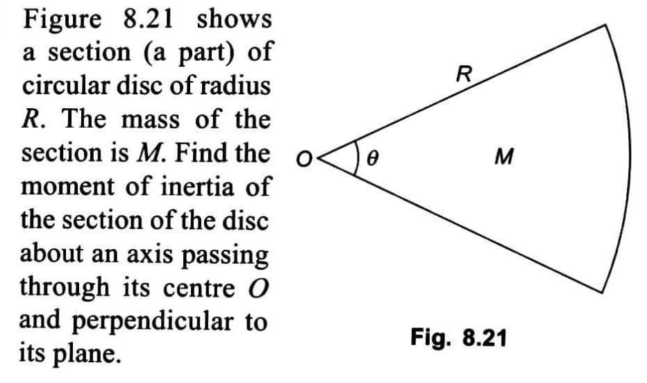 Figure 8.21 shows
a section (a part) of
circular disc of radius
R
R. The mass of the
section is M. Find the o
M
moment of inertia of
the section of the disc
about an axis passing
through its centre O
and perpendicular to
its plane.
Fig. 8.21
