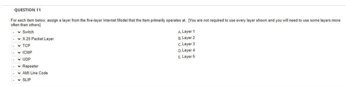 QUESTION 11
For each item below, assign a layer from the five-layer Internet Model that the item primarily operates at. [You are not required to use every layer shown and you will need to use some layers more
often than others]
✓ Switch
✓ X.25 Packet Layer
✓ TCP
ICMP
✓ UDP
✓ Repeater
AMI Line Code
✓ SLIP
A. Layer 1
B. Layer 2
c. Layer 3
D. Layer 4
E. Layer 5