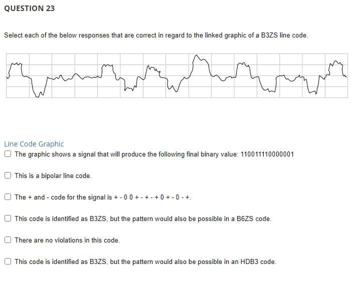 QUESTION 23
Select each of the below responses that are correct in regard to the linked graphic of a B3ZS line code.
Line Code Graphic
The graphic shows a signal that will produce the following final binary value: 110011110000001
This is a bipolar line code.
The + and - code for the signal is + - 0 0 +-+-+0+ - 0 - +
J
This code is identified as B3ZS, but the pattern would also possible in a B6ZS code.
There are no violations in this code.
This code is identified as B3ZS, but the pattern would also be possible in an HDB3 code.