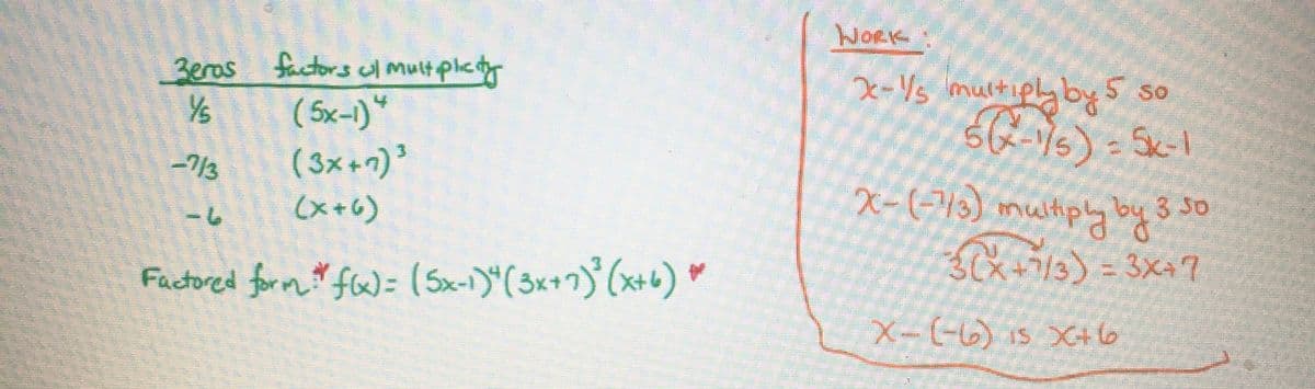 Zeros factors ul multiplicity
Ys
(5x-1)“
_7/3
(3x+7)³
(x+6)
Factored form, * f(x) = (5x-1)² (3x+7)³² (x+6) ►
WORK
x-1/5 multiply by 5 so
(2-%) = $c-1
X-(-73) multiply by 3.
3(x+7/3) = 3x+7
X-(-6) is X+6