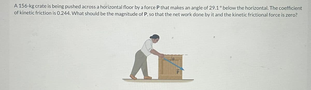 A 156-kg crate is being pushed across a horizontal floor by a force P that makes an angle of 29.1° below the horizontal. The coefficient
of kinetic friction is 0.244. What should be the magnitude of P, so that the net work done by it and the kinetic frictional force is zero?