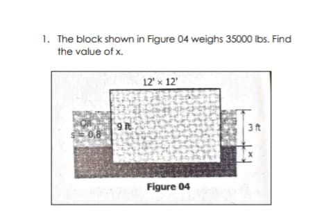 1. The block shown in Figure 04 weighs 35000 lbs. Find
the value of x.
12' x 12'
ON
S- 0,8
3 ft
Figure 04
