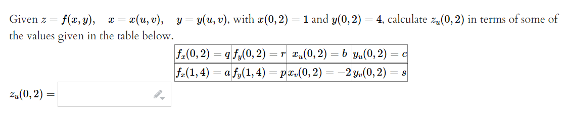 Given z =
f(x, y), x = a(u, v), y = y(u, v), with æ(0,2) = 1 and y(0, 2) = 4, calculate z„(0, 2) in terms of some of
the values given in the table below.
fa(0, 2) = q f,(0, 2) =
fa(1, 4) = a f,(1, 4) = pa,(0, 2) = –2 yY»(0, 2)
r xu(0, 2) = b Yu(0, 2)
= c
= S
Zu(0, 2)
