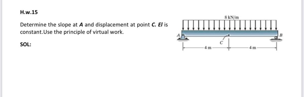 H.w.15
8 kN/m
Determine the slope at A and displacement at point C. El is
constant.Use the principle of virtual work.
SOL:
4 m
4 m
