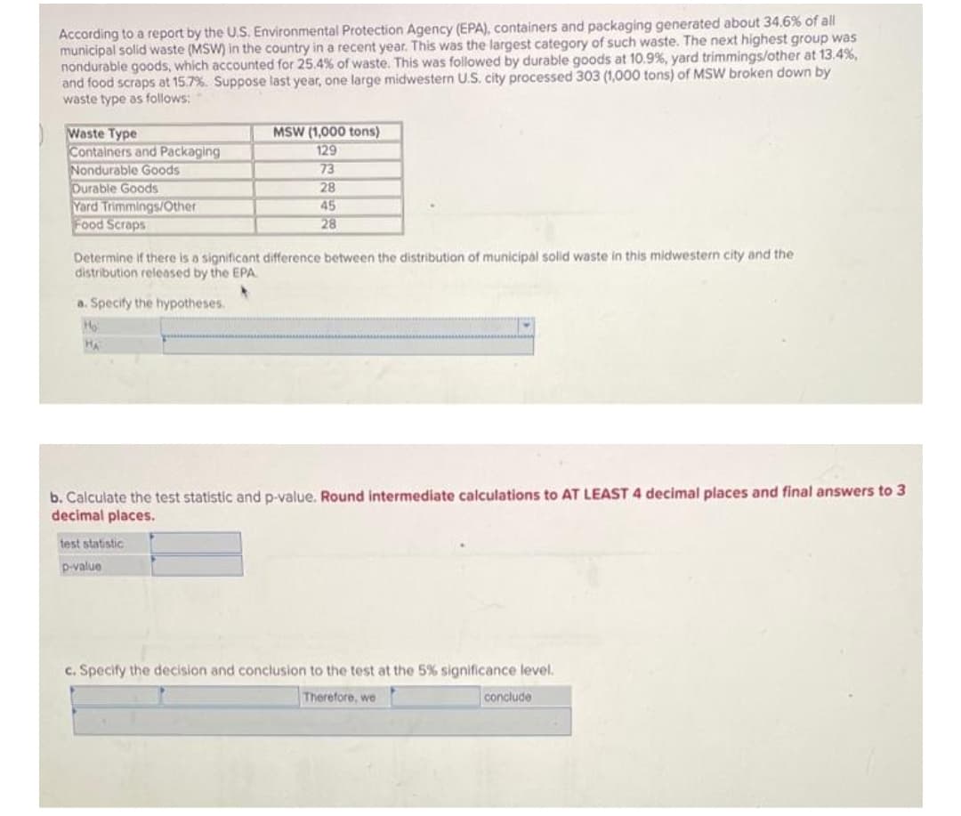 According to a report by the U.S. Environmental Protection Agency (EPA), containers and packaging generated about 34.6% of all
municipal solid waste (MSW) in the country in a recent year. This was the largest category of such waste. The next highest group was
nondurable goods, which accounted for 25.4 % of waste. This was followed by durable goods at 10.9%, yard trimmings/other at 13.4%,
and food scraps at 15.7%. Suppose last year, one large midwestern U.S. city processed 303 (1,000 tons) of MSW broken down by
waste type as follows:
Waste Type
Containers and Packaging
Nondurable Goods
Durable Goods
Yard Trimmings/Other
Food Scraps
MSW (1,000 tons)
129
73
28
45
28
Determine if there is a significant difference between the distribution of municipal solid waste in this midwestern city and the
distribution released by the EPA
a. Specify the hypotheses.
Ho
HA
b. Calculate the test statistic and p-value. Round intermediate calculations to AT LEAST 4 decimal places and final answers to 3
decimal places.
test statistic
p-value
c. Specify the decision and conclusion to the test at the 5% significance level.
Therefore, we
conclude
