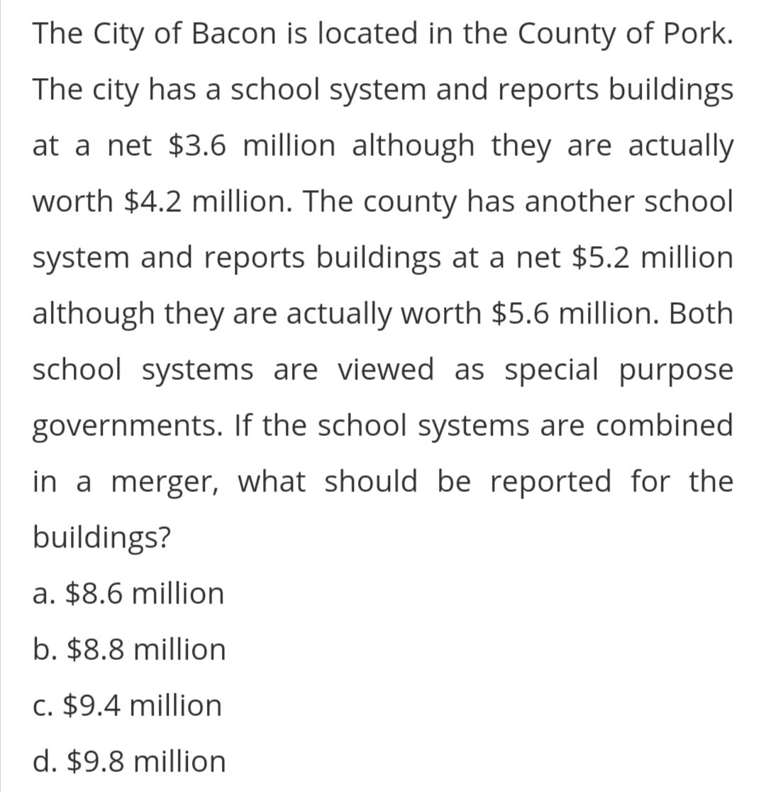 The City of Bacon is located in the County of Pork.
The city has a school system and reports buildings
at a net $3.6 million although they are actually
worth $4.2 million. The county has another school
system and reports buildings at a net $5.2 million
although they are actually worth $5.6 million. Both
school systems are viewed as special purpose
governments. If the school systems are combined
in a merger, what should be reported for the
buildings?
a. $8.6 million
b. $8.8 million
c. $9.4 million
d. $9.8 million
