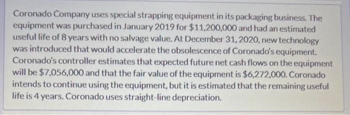 Coronado Company uses special strapping equipment in its packaging business. The
equipment was purchased in January 2019 for $11,200,000 and had an estimated
useful life of 8 years with no salvage value. At December 31, 2020, new technology
was introduced that would accelerate the obsolescence of Coronado's equipment.
Coronado's controller estimates that expected future net cash flows on the equipment
will be $7,056,000 and that the fair value of the equipment is $6,272,000. Coronado
intends to continue using the equipment, but it is estimated that the remaining useful
life is 4 years. Coronado uses straight-line depreciation.