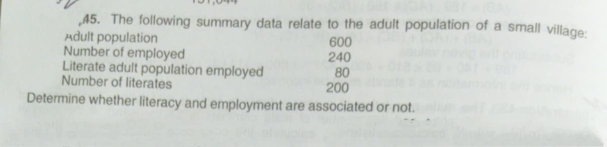 45. The following summary data relate to the adult population of a small village:
Adult population
Number of employed
Literate adult population employed
Number of literates
600
240
80
200
Determine whether literacy and employment are associated or not.
