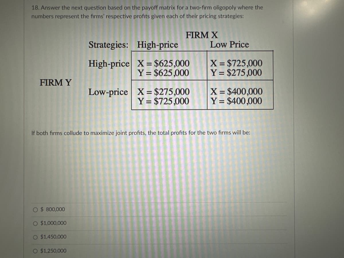 18. Answer the next question based on the payoff matrix for a two-firm oligopoly where the
numbers represent the firms' respective profits given each of their pricing strategies:
FIRM Y
O $ 800,000
O $1,000,000
O $1,450,000
Strategies:
High-price
If both firms collude to maximize joint profits,
O $1,250,000
FIRM X
High-price
X = $625,000
Y = $625,000
Low-price X = $275,000
Y = $725,000
Low Price
X = $725,000
Y = $275,000
X = $400,000
Y = $400,000
tal profits for the two firms will be: