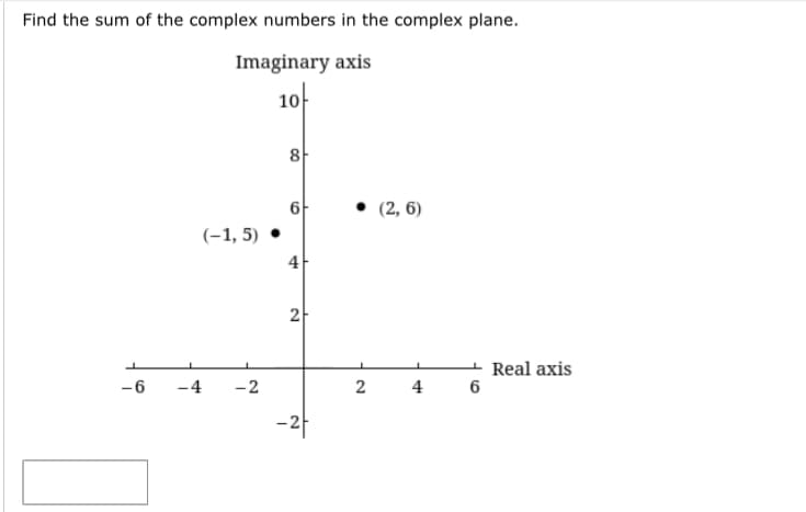 Find the sum of the complex numbers in the complex plane.
Imaginary axis
1아
8-
6
(2, 6)
(-1, 5)
4
2
Real axis
6
-6
-4
-2
4
-과
2.
