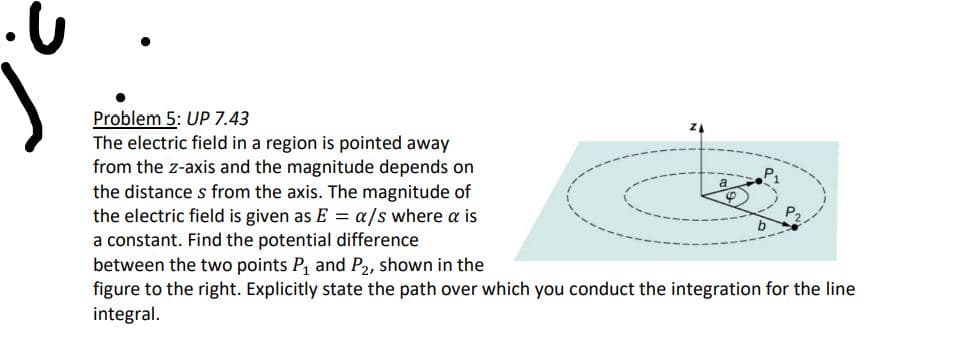 .U
Problem 5: UP 7.43
The electric field in a region is pointed away
from the z-axis and the magnitude depends on
the distances from the axis. The magnitude of
the electric field is given as E = a/s where a is
a constant. Find the potential difference
between the two points P₁ and P2, shown in the
figure to the right. Explicitly state the path over which you conduct the integration for the line
integral.