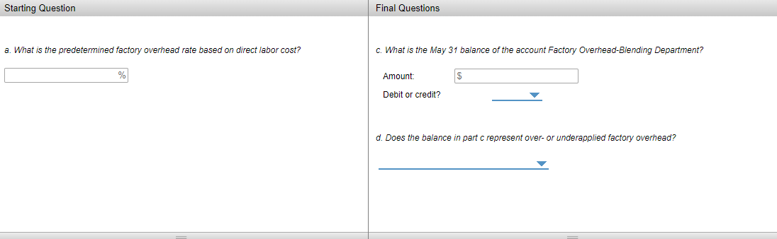 Starting Question
Final Questions
a. What is the predetermined factory overhead rate based on direct labor cost?
c. What is the May 31 balance of the account Factory Overhead-Blending Department?
Amount:
Debit or credit?
d. Does the balance in part c represent over- or underapplied factory overhead?
