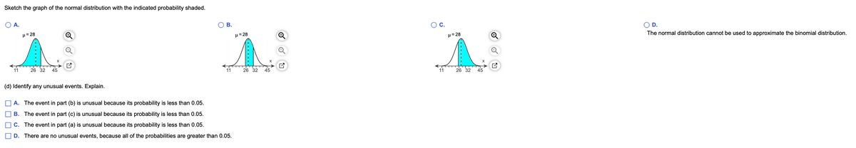 Sketch the graph of the normal distribution with the indicated probability shaded.
A.
В.
C.
D.
H= 28
H= 28
H= 28
The normal distribution cannot be used to approximate the binomial distribution.
11
26 32
45
11
26 32
45
11
26 32
45
(d) Identify any unusual events. Explain.
A. The event in part (b) is unusual because its probability is less than 0.05.
B. The event in part (c) is unusual because its probability is less than 0.05.
C. The event in part (a) is unusual because its probability is less than 0.05.
D. There are no unusual events, because all of the probabilities are greater than 0.05.
-------------
