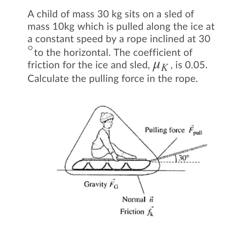 A child of mass 30 kg sits on a sled of
mass 10kg which is pulled along the ice at
a constant speed by a rope inclined at 30
°to the horizontal. The coefficient of
friction for the ice and sled, HK, is 0.05.
Calculate the pulling force in the rope.
Pulling force F,
pull
30°
Gravity FG
Normal i
Friction f
