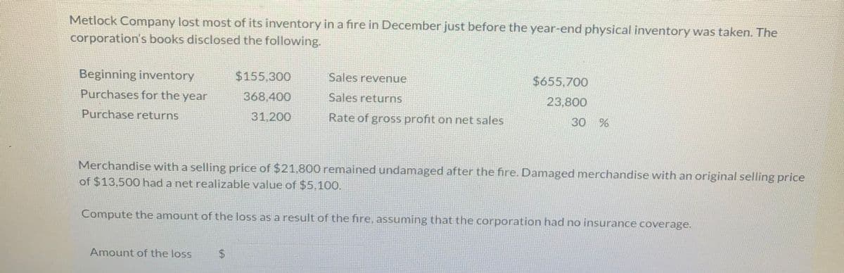 Metlock Company lost most of its inventory in a fire in December just before the year-end physical inventory was taken. The
corporation's books disclosed the following.
Beginning inventory
$155,300
Sales revenue
$655,700
Purchases for the year
368,400
Sales returns
23.800
Purchase returns
31,200
Rate of gross profit on net sales
30
%
Merchandise with a selling price of $21,800 remained undamaged after the fire. Damaged merchandise with an original selling price
of $13,500 had a net realizable value of $5.100.
Compute the amount of the loss as a result of the fire, assuming that the corporation had no insurance coverage.
Amount of the loss
%24
