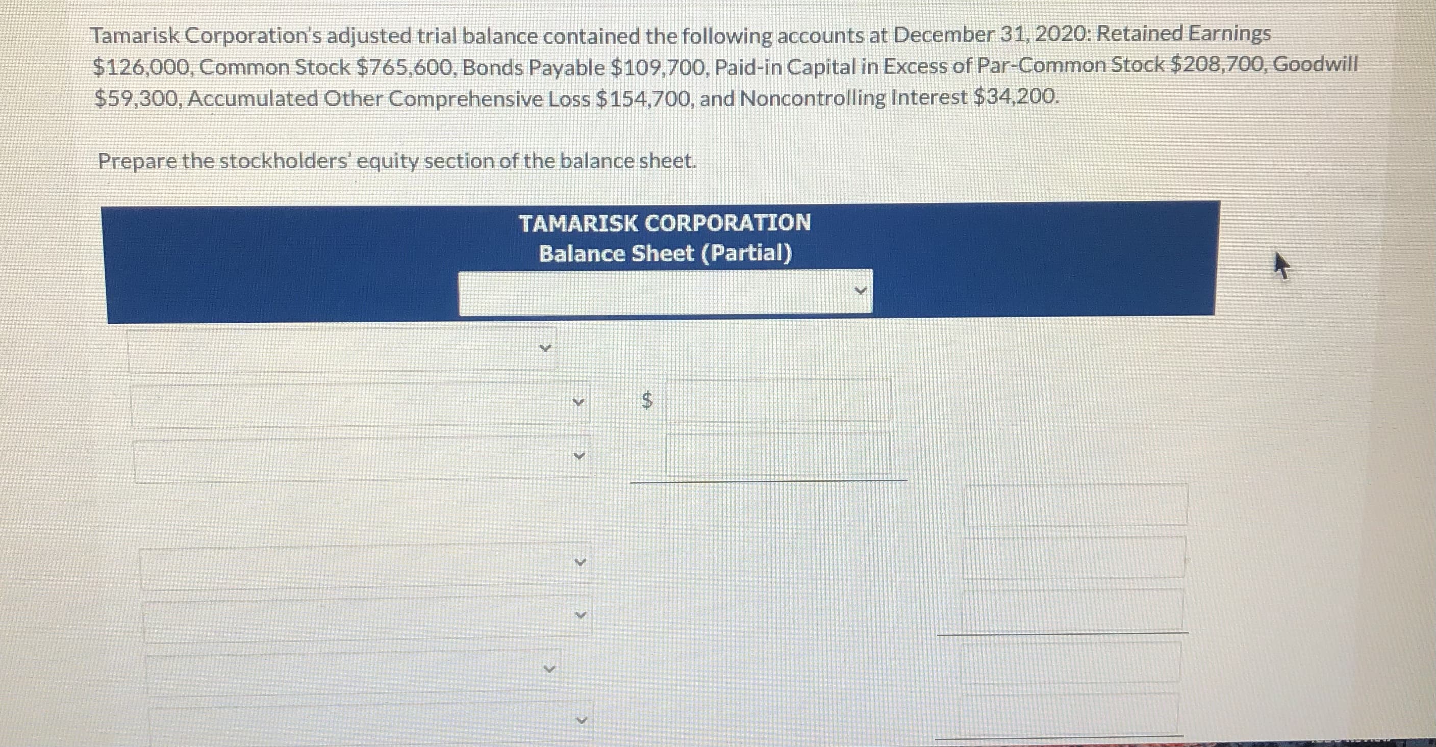 Tamarisk Corporation's adjusted trial balance contained the following accounts at December 31, 2020: Retained Earnings
$126,000, Common Stock $765,600, Bonds Payable $109,700, Paid-in Capital in Excess of Par-Common Stock $208,700, Goodwill
$59,300, Accumulated Other Comprehensive Loss $154,700, and Noncontrolling Interest $34,200.
Prepare the stockholders' equity section of the balance sheet.
