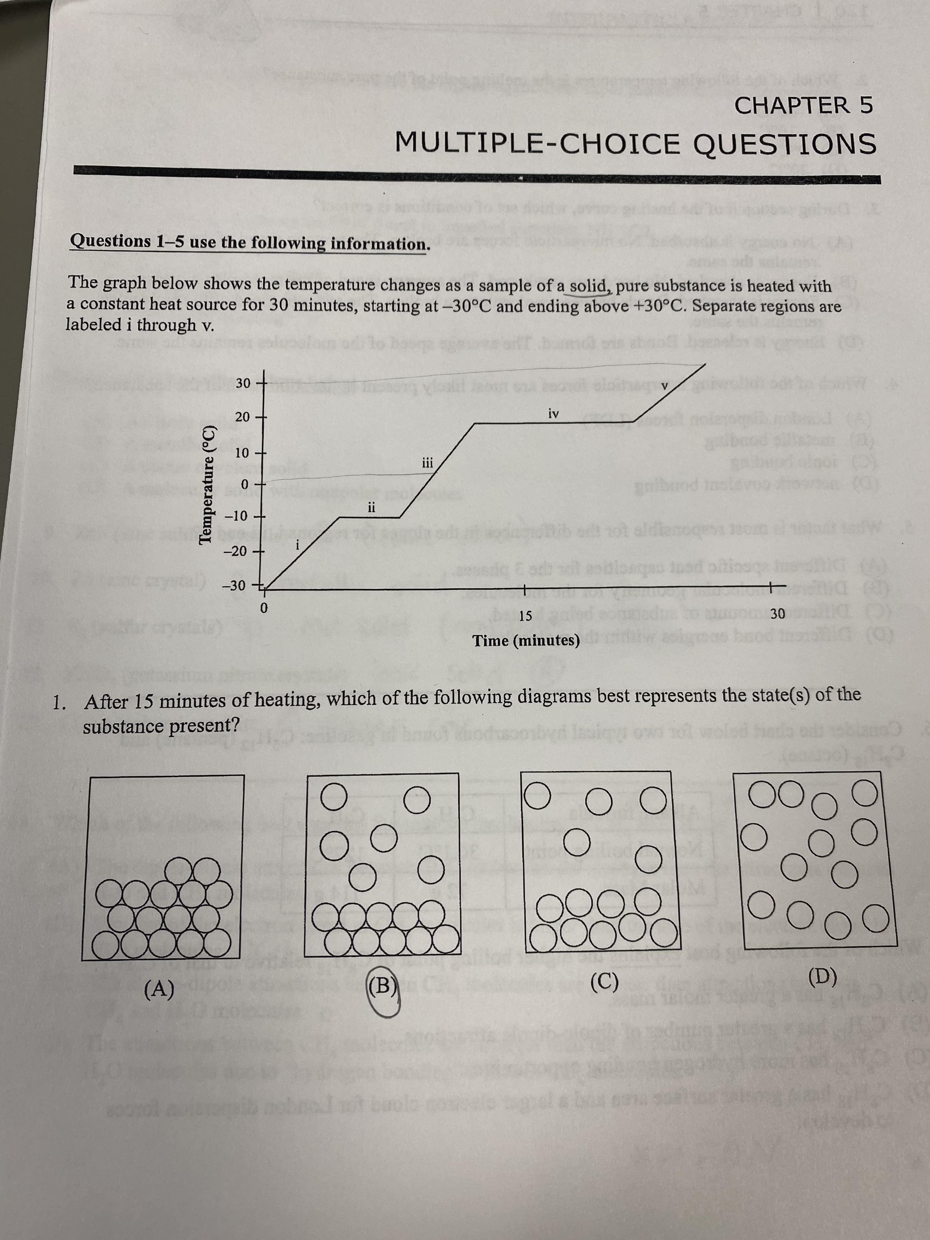 10
Temperature (°C)
CHAPTER 5
MULTIPLE-CHOICE QUESTIONS
Questions 1-5 use the following information.
The graph below shows the temperature changes as a sample of a solid, pure substance is heated with
a constant heat source for 30 minutes, starting at -30°C and ending above +30°C. Separate regions are
labeled i through v.
iii
gnibrod in
-10
I!
t ot aldianoqe1 200m
-20
crystal) -30
15
Time (minutes)
(D)
1. After 15 minutes of heating, which of the following diagrams best represents the state(s) of the
substance present?
chec
C'H
00
00
(A)
(D)
(B)
(C)
buolo comele
