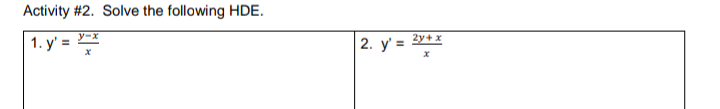 Activity #2. Solve the following HDE.
1. y' =
y-x
2y+ x
2. у 3D
