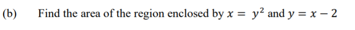 (b)
Find the area of the region enclosed by x = y² and y = x – 2
