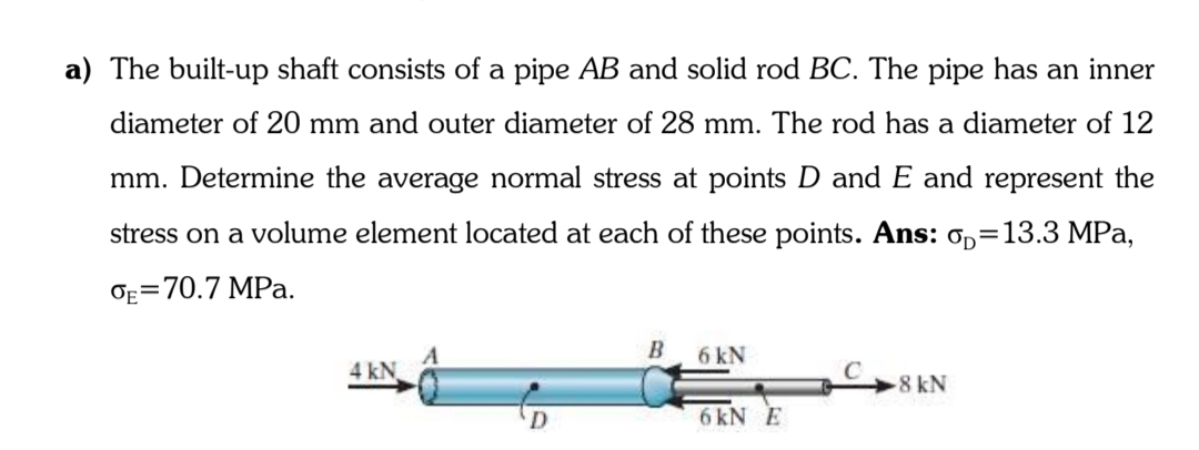 a) The built-up shaft consists of a pipe AB and solid rod BC. The pipe has an inner
diameter of 20 mm and outer diameter of 28 mm. The rod has a diameter of 12
mm. Determine the average normal stress at points D and E and represent the
stress on a volume element located at each of these points. Ans: o,=13.3 MPa,
%3D
ОE%3D70.7 MPа.
6 kN
4 kN
8 kN
6 kN E
